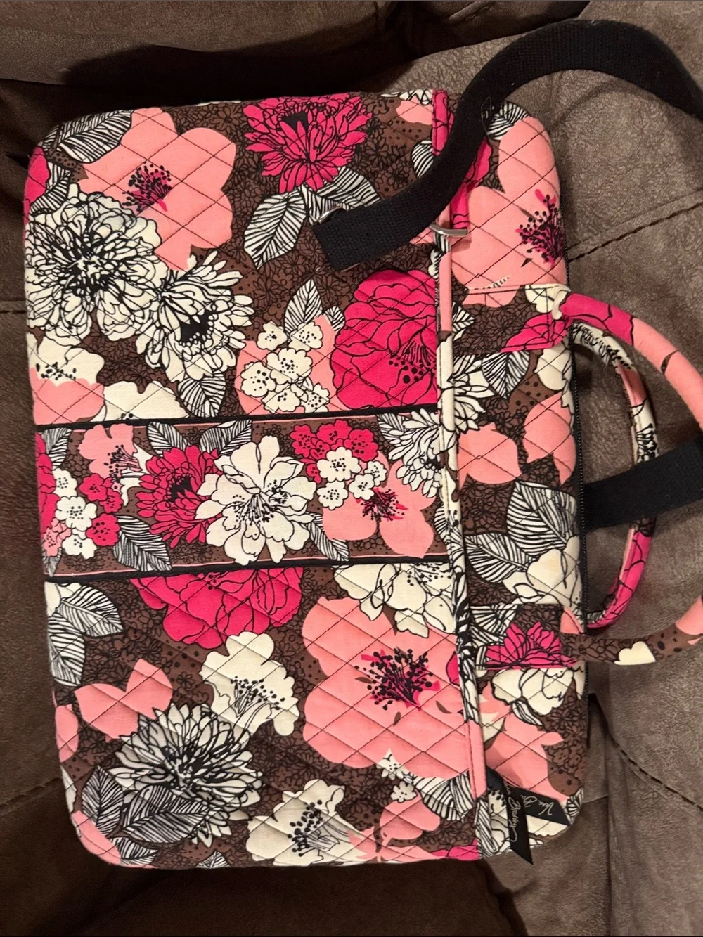 Vera Bradley Pink, Brown and Cream Floral Quilted Laptop Tote